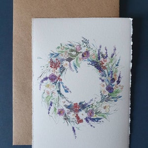 Aquarellbild "Blumenkranz Lila" - Grußkarte, Illustration, Floral hoop, Lavendel