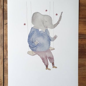 Geburtsbild "Elefant mit Schaukel" - Aquarellmalerei, Namensbild