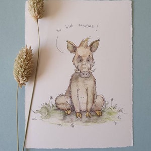Aquarellbild "Saustark!" - Grußkarte, Kindergeburtstag, Wildschwein