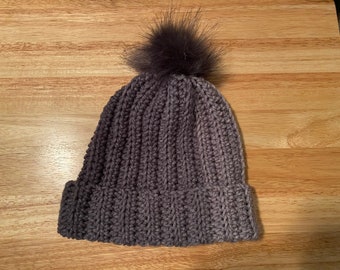 Crochet gray ombré winter hat with removable gray pompom