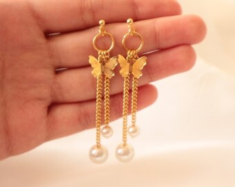 Butterfly Pearl Drop Earrings – Korean Style Dangle Earrings