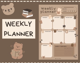 Cute Bear Weekly Planner, ADHD Digital Planner (PDF & PNG)