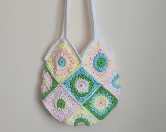 Crochet Granny Square Tote Bag: Pastel Sunburst Handmade Handbag