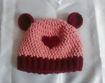 Crochet Bear Beanie – Pink Baby Hat with Heart Applique (6-12 Months)