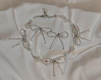 Handmade Bow Earrings: Iridescent Glass Beads, Coquette Jewelry