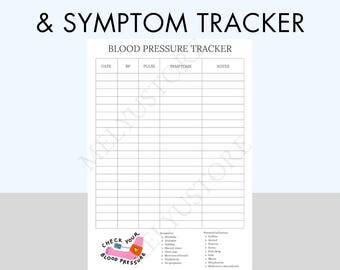 Puede incluir: Un formulario de seguimiento de presión arterial y síntomas en papel blanco con líneas y texto en negro. El encabezado dice BLOOD PRESSURE TRACKER con columnas para fecha, presión, pulso, síntomas y notas. Una pequeña ilustración muestra un brazo.