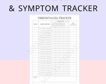 Puede incluir: Un documento imprimible de seguimiento de dolor y síntomas de fibromialgia con un diseño de cuadrícula, que incluye columnas para fecha, un medidor de dolor numerado del 1 al 10, casillas de verificación y notas.