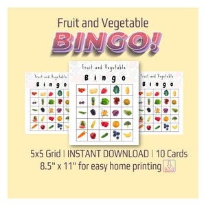Jeu de bingo aux fruits et légumes imprimable, téléchargement numérique instantané pour les enfants qui apprennent