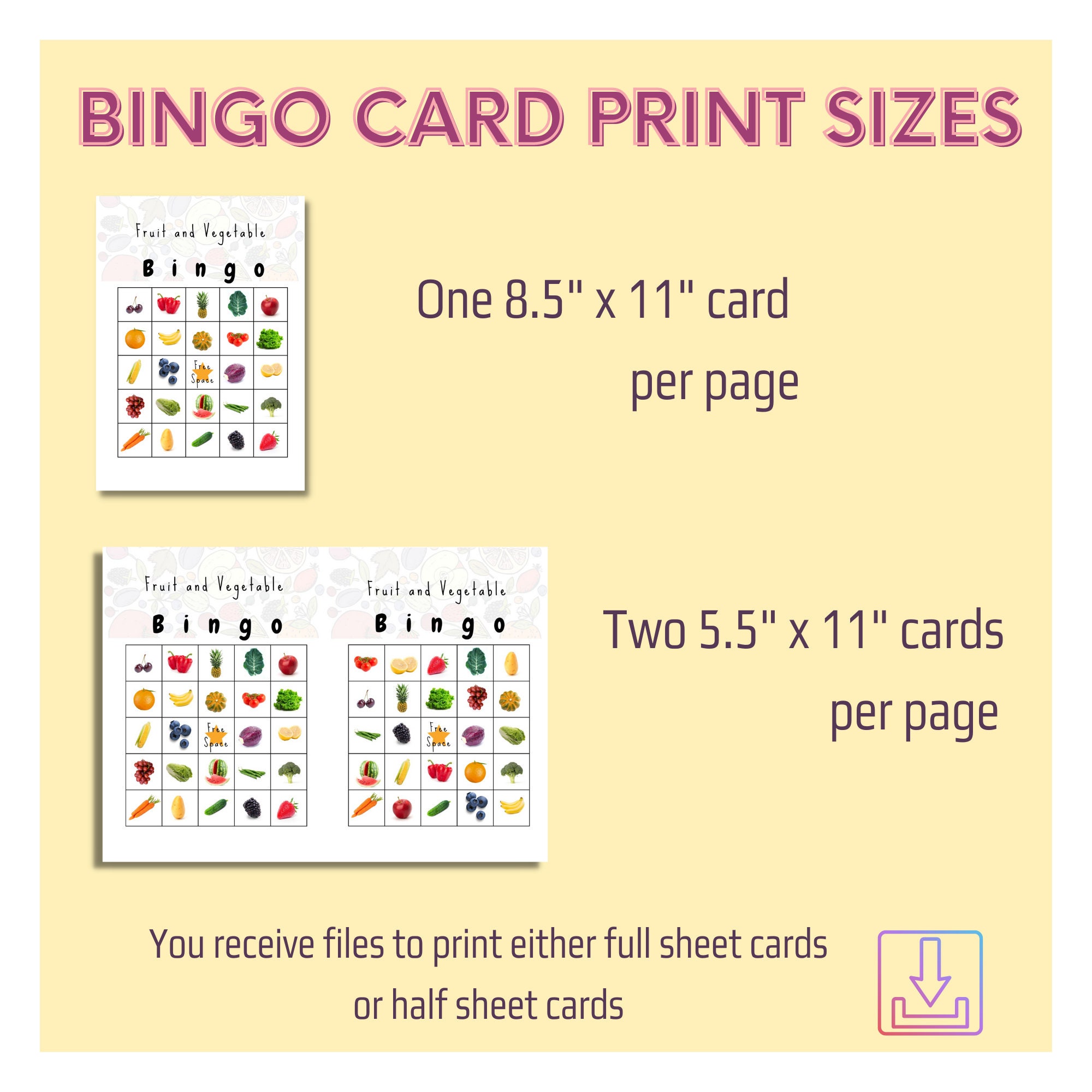 Bingo Games, Fruit and Vegetables, Bingo Game Printable, Digital