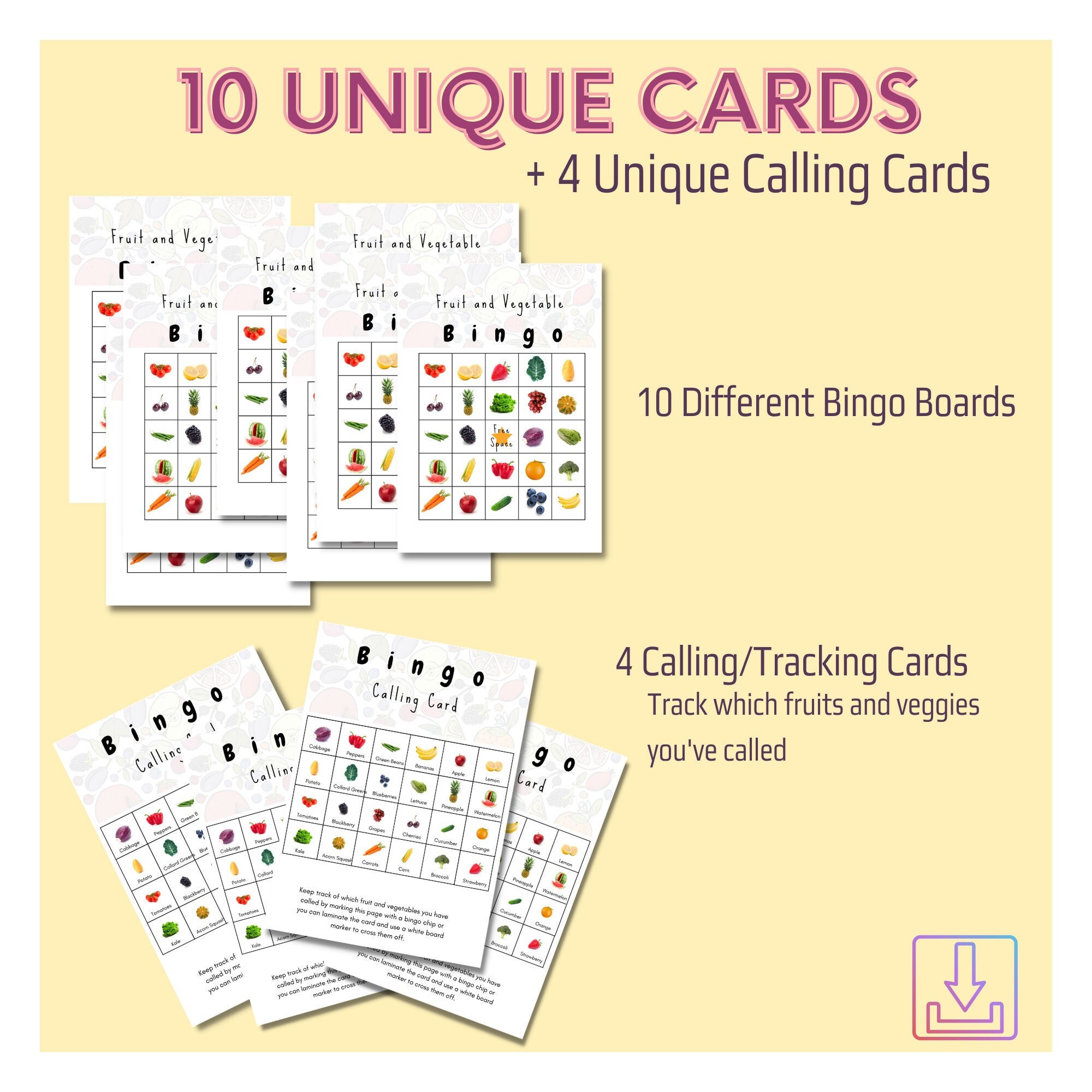 Bingo Games, Fruit and Vegetables, Bingo Game Printable, Digital