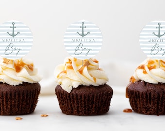 Ahoy It's a Boy Baby Shower Cupcake Toppers | Baby Blue Party Decoration Idea | Summer Nautical Baby Shower | Minimal Anchor Cupcake Picks