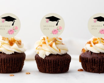 Personalized Name Girls Graduation Cupcake Toppers | Pink Floral Graduation Party Decoration | Class of 2024 Grad Cap Cupcake Toppers