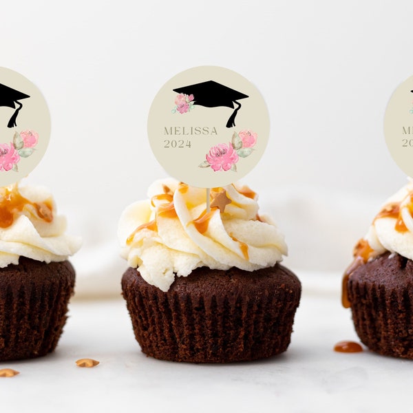 Personalized Name Girls Graduation Cupcake Toppers | Pink Floral Graduation Party Decoration | Class of 2024 Grad Cap Cupcake Toppers