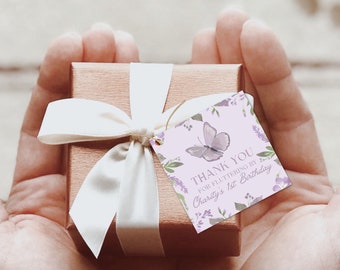 Butterfly 1st Birthday Favor Stickers or Tags | Thank You For Fluttering By | Floral Girl's Purple Garden 1st Birthday DIY Party Favor Idea