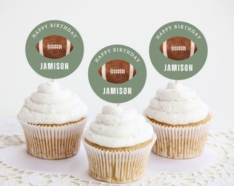 Football Birthday Cupcake Toppers | Boy's Personalized Name Happy Birthday Cupcake Toppers | Modern Sports Themed Party Decoration Idea