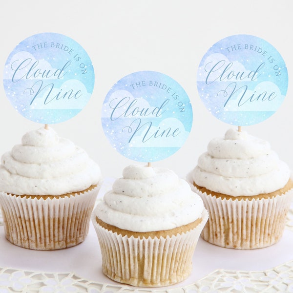 The Bride is on Cloud Nine Bridal Shower Cupcake Toppers | Whimsical Dreamy Blue Boho Bridal Shower Decoration | Cloud Cupcake Toppers