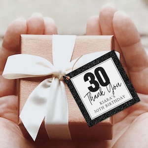 Black Glitter Birthday Party Thank You Favor Stickers or Tags | 30th, 40th, 50th, or 60th Birthday Idea | Personalized Modern DIY Bag Labels