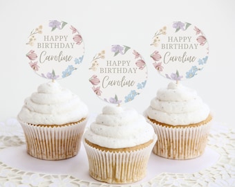 Personalized Name Happy Birthday Floral Cupcake Toppers | Pastel Wildflower Women's or Teen Girl's Spring Birthday Party Decoration Idea