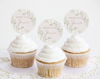 Personalized Name Bride to Be Cupcake Toppers | Modern and Elegant White Floral Bridal Shower Decoration | Neutral Wedding Shower Supplies