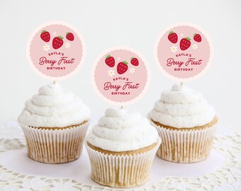 Strawberry Happy Birthday Cake Topper – Glitter Red, 9.1 Inch, Fruit Theme Party Decor For Strawberry Parties