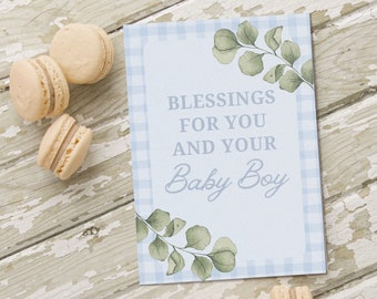 Blue Baby Boy Greeting Card | Gift Idea for New Mom or Sip and See | Greenery Baby Shower Card | Sweet Baby Boy Arrival Present