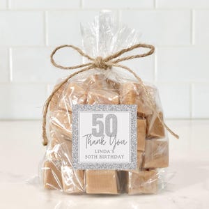 Silver Glitter Birthday Party Thank You Favor Stickers or Tags | Personalized Cookie or Candy Bag Labels | 50th, 60th, or 70th Birthday Idea
