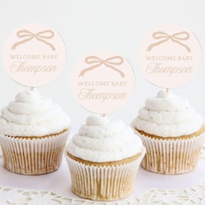 Pink Bow Baby Shower Cupcake Toppers | Personalized Name Baby Girl Decoration Idea | Elegant and Minimal Vintage Coquette Baby Shower Theme