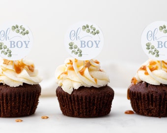 Oh Boy Blue and Greenery Baby Shower Cupcake Toppers | Pastel Blue Party Decoration Idea | Classic and Traditional Boy Baby Shower Theme