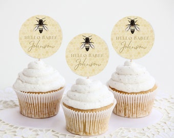 Personalized Baby Name Bee Cupcake Toppers | Gender Neutral Elegant Baby Shower Decoration Idea | Oh Babee Yellow and Gold Party Supplies