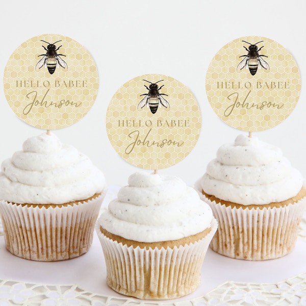Personalized Baby Name Bee Cupcake Toppers | Gender Neutral Elegant Baby Shower Decoration Idea | Oh Babee Yellow and Gold Party Supplies