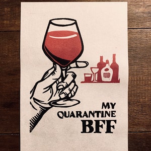 Quarantine Series &quot;My Quarantine BFF&quot; - Handmade Two-color Fine Art Linocut Print 6x9in