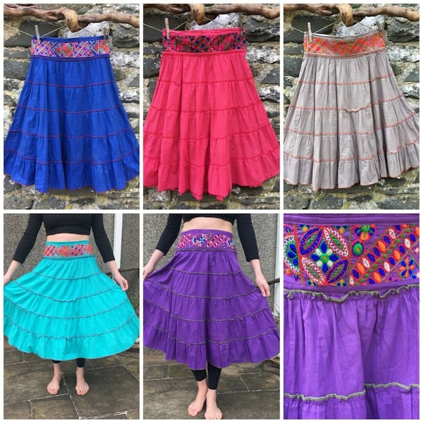 Skirt -100% cotton mid length panel embroidered waist boho hippy nomads wales