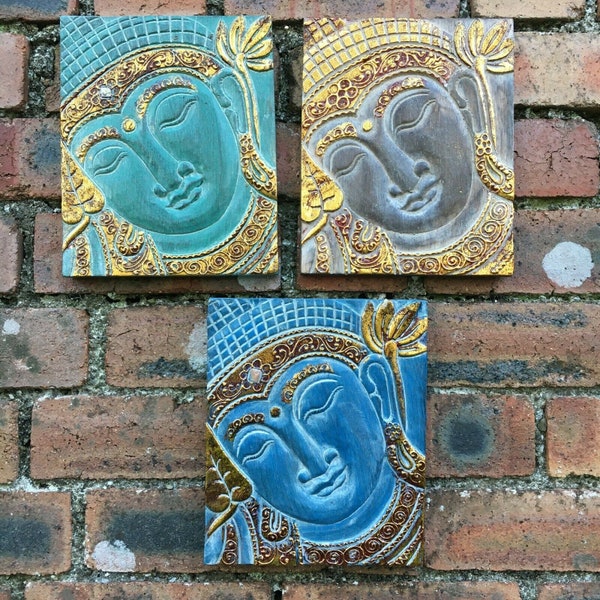 Wooden buddha carving wall plaque antique gold - boho ethnic yoga nomads wales