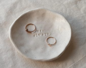 Handmade Ceramic Ring Dish / Stamped Pottery Jewelry Holder / Custom Name Dish / Minimal Engagement Gift