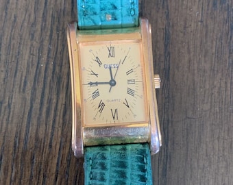 Vintage 1987 Guess Watch, Gold Tone Rectangular, Green Embossed Leather Band