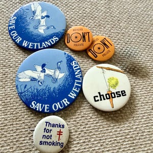May include: A collection of six circular pinback buttons. Two large blue buttons feature ducks and the text "SAVE OUR WETLANDS." Two orange buttons show bicycle wheels and the text "BICYCLES DON'T POLLUTE." One white button shows a carrot and "choose," and one white button says "Thanks for not smoking."