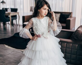 Duchess Ivory Little Girl Party Dress | Flower Girl Dress | Little Girl Pageant Dress | Long Sleeved Baptism Dress