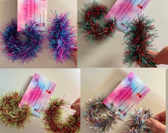 Sparkly Christmas tinsel hoop earrings!