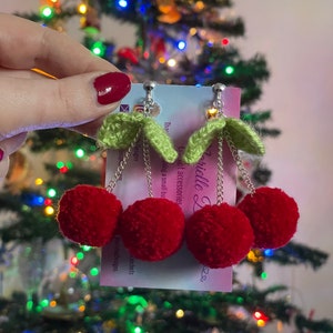Cherry pompom earrings