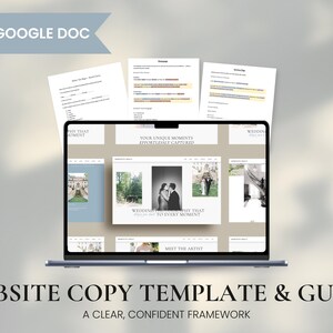 May include: A laptop displays a website copy template with a wedding theme. The screen shows a website layout with images and text. Above the laptop are three sheets of paper. The image includes the text "WEBSITE COPY TEMPLATE & GUIDE".