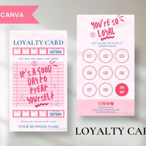 Könnte beinhalten: Rosa und weiße Kundenkarten. Eine Karte hat ein Checklisten-Design mit dem Text "It's a good day to freak yourself". Die andere Karte hat ein Prämienprogramm-Design mit 20% Rabatt.