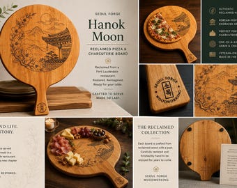 Geregenereerde Koreaanse pizzaplank | Handgemaakte charcuterieplank | Hanok-Serveerplank | Gegraveerd houten dienblad | Housewarmingcadeau