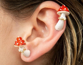 Mushroom Earrings • Cottagecore Earrings • Amanita Muscaria • Crazy Earrings • Goblincore • Fairy Grunge  • Gothic Jewelry • Ear Climber •