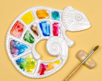 Chameleon watercolor palette, Gift for artist, Art supplies, Ceramic paint color palette