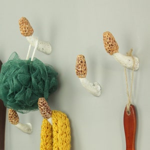 May include: Four white ceramic mushroom-shaped hooks mounted on a wall. A brown leather belt hangs from one hook, a green bath sponge hangs from another, a yellow crocheted scarf hangs from a third, and a brown wooden hairbrush hangs from the fourth.