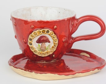 Roter Teepilz Set - Becher und Teller - Handgefertigte Keramik