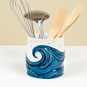 Ocean Utensil holder, Utensil crock, Cookie jar, Ceramic vase, Kitchen organizer, Kitchen decor, Handmade pottery