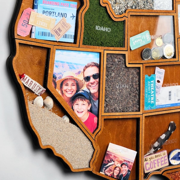 US Travel Map Shadow Box for Travel Memories, Display Stand