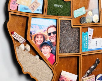 US Travel Map Shadow Box for Travel Memories, Display Stand