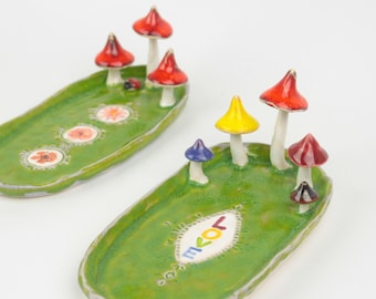 Green mushroom plates for jewelry and crystals